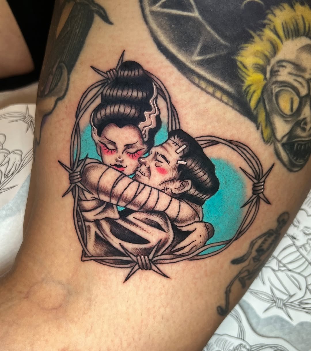 Romantic embrace of Frankenstein's characters Tattoo Design