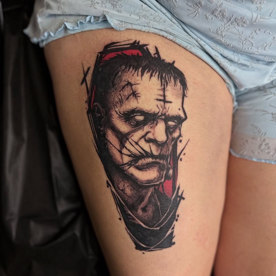 Striking Frankenstein Tattoo with Gothic Elements Tattoo Design
