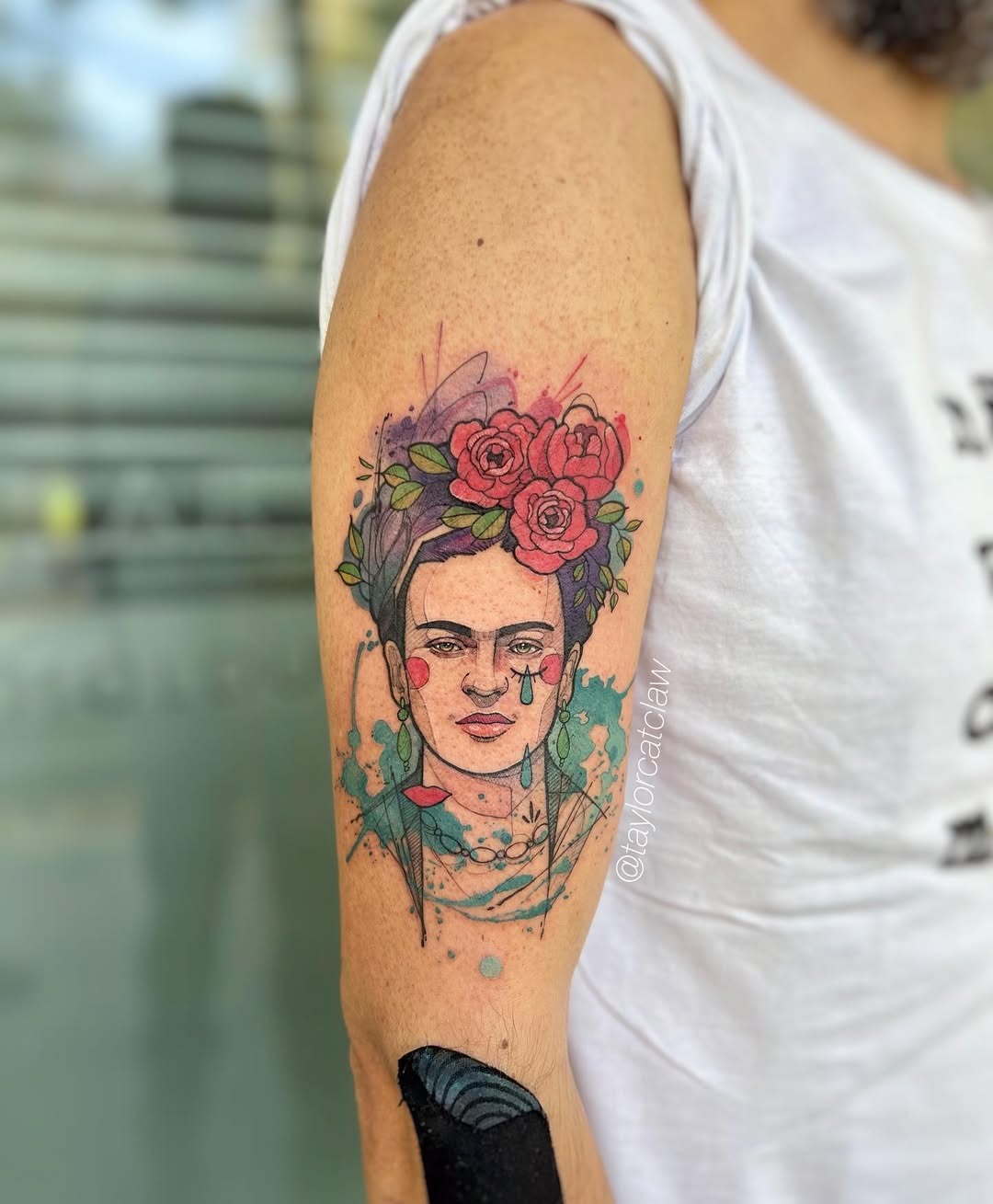 Colorful Frida Kahlo Tattoo Featuring Flowers Tattoo Design