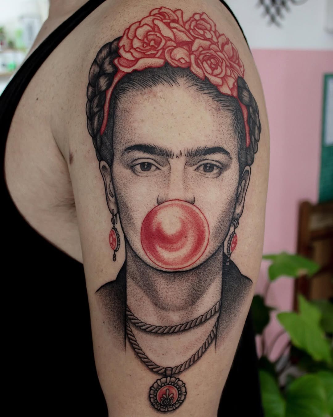 Contemporary Frida Kahlo Tattoo with Bubble Gum Tattoo Design