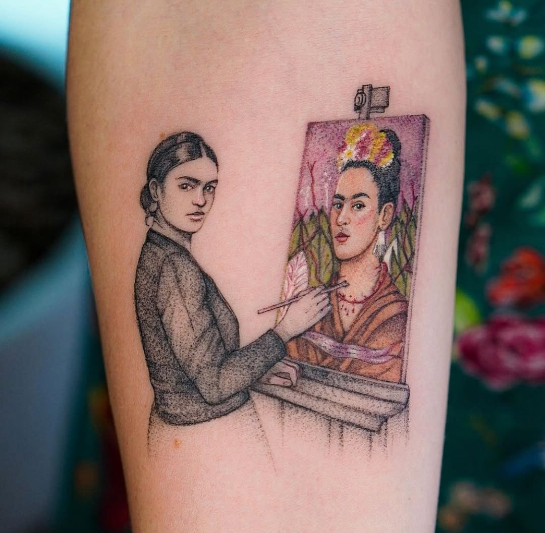 Frida Kahlo creating her iconic self-portrait Tattoo Design