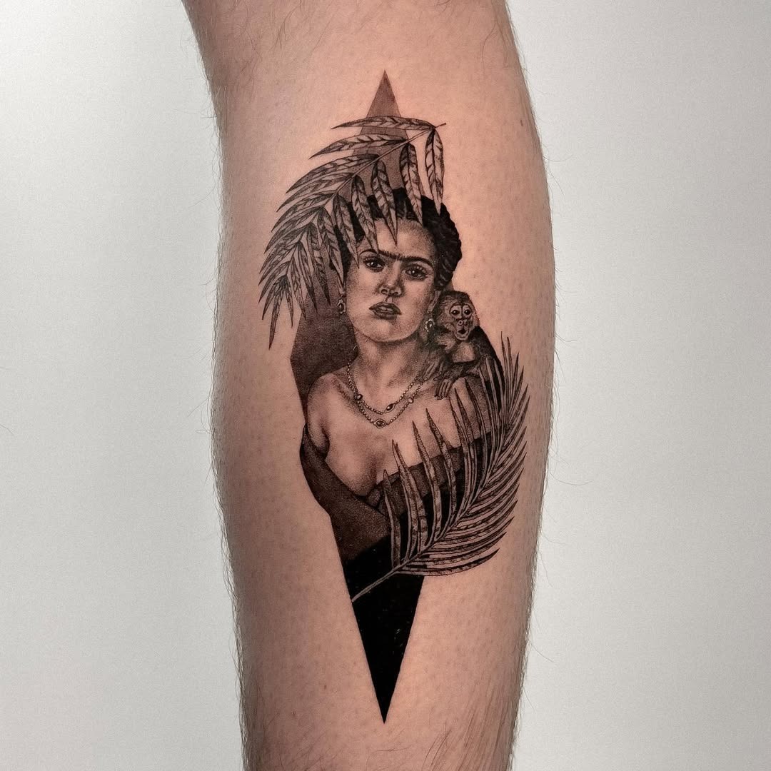 Intricate Frida Kahlo Portrait with Floral Design Tattoo Design