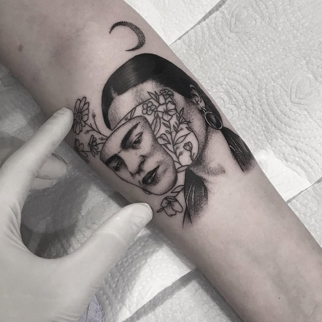 Stunning Frida Kahlo Tattoo with Floral Details Tattoo Design