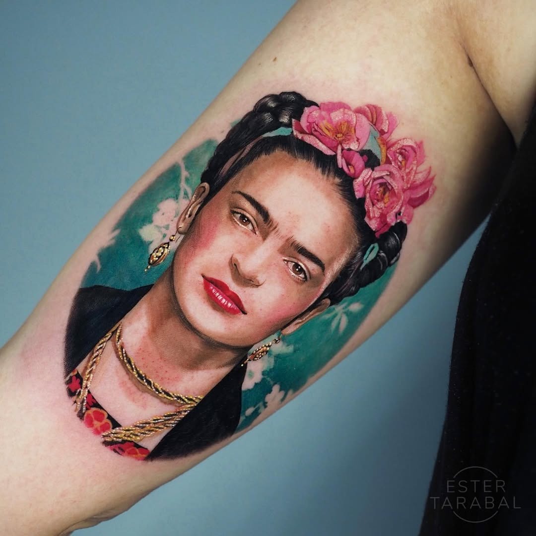 Stunning tribute: Frida Kahlo inked on skin Tattoo Design