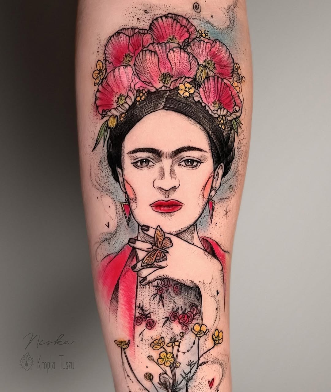 Vibrant Frida Kahlo Tattoo with Nature Elements Tattoo Design
