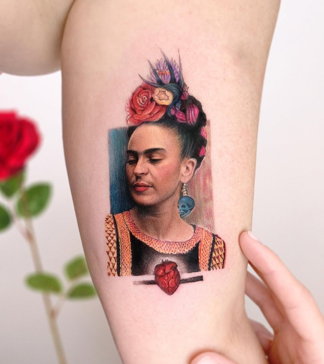 Vivid Frida Kahlo Portrait with Heart Tattoo Tattoo Design