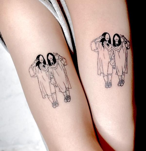 Recreated Cartoon-Style Childhood Photo Matching Tattoos for Best Friends Tattoo Design