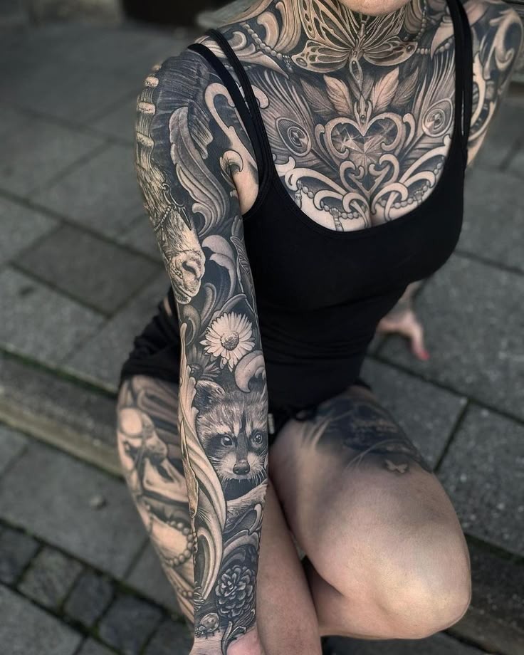Black and Grey Animal-Inspired Full Coverage Tattoo Design