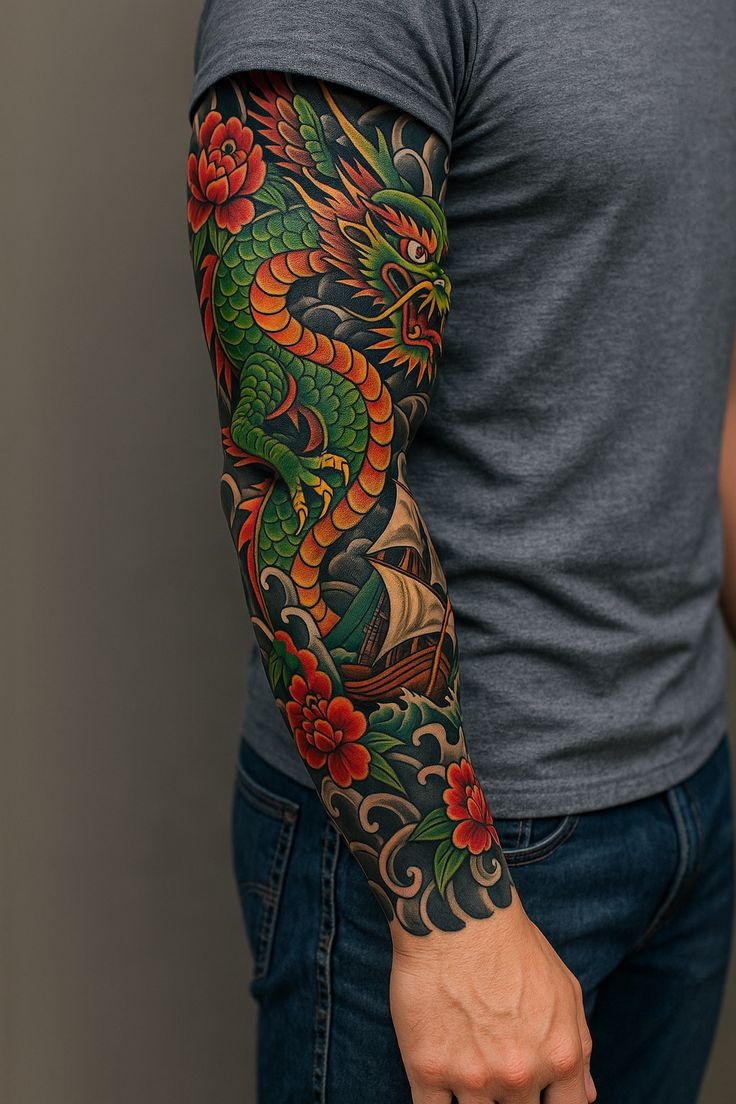 Full Chest and Arm Neo-Traditional Power Look Tattoo Design