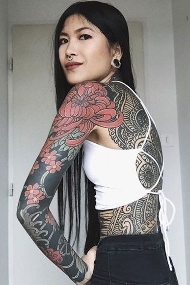 Japanese-Inspired Back and Sleeve Flow Tattoo Design