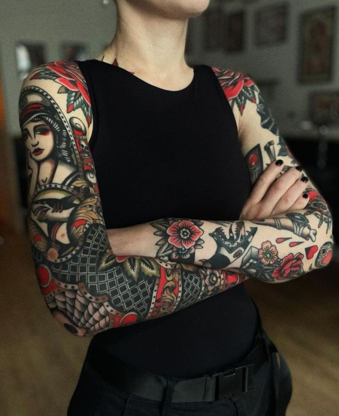 Japanese-Inspired Dragon and Flower Sleeve Tattoo Design