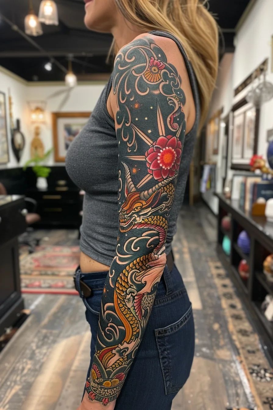 Ornamental Portrait Sleeve with Feminine Detail Tattoo Design