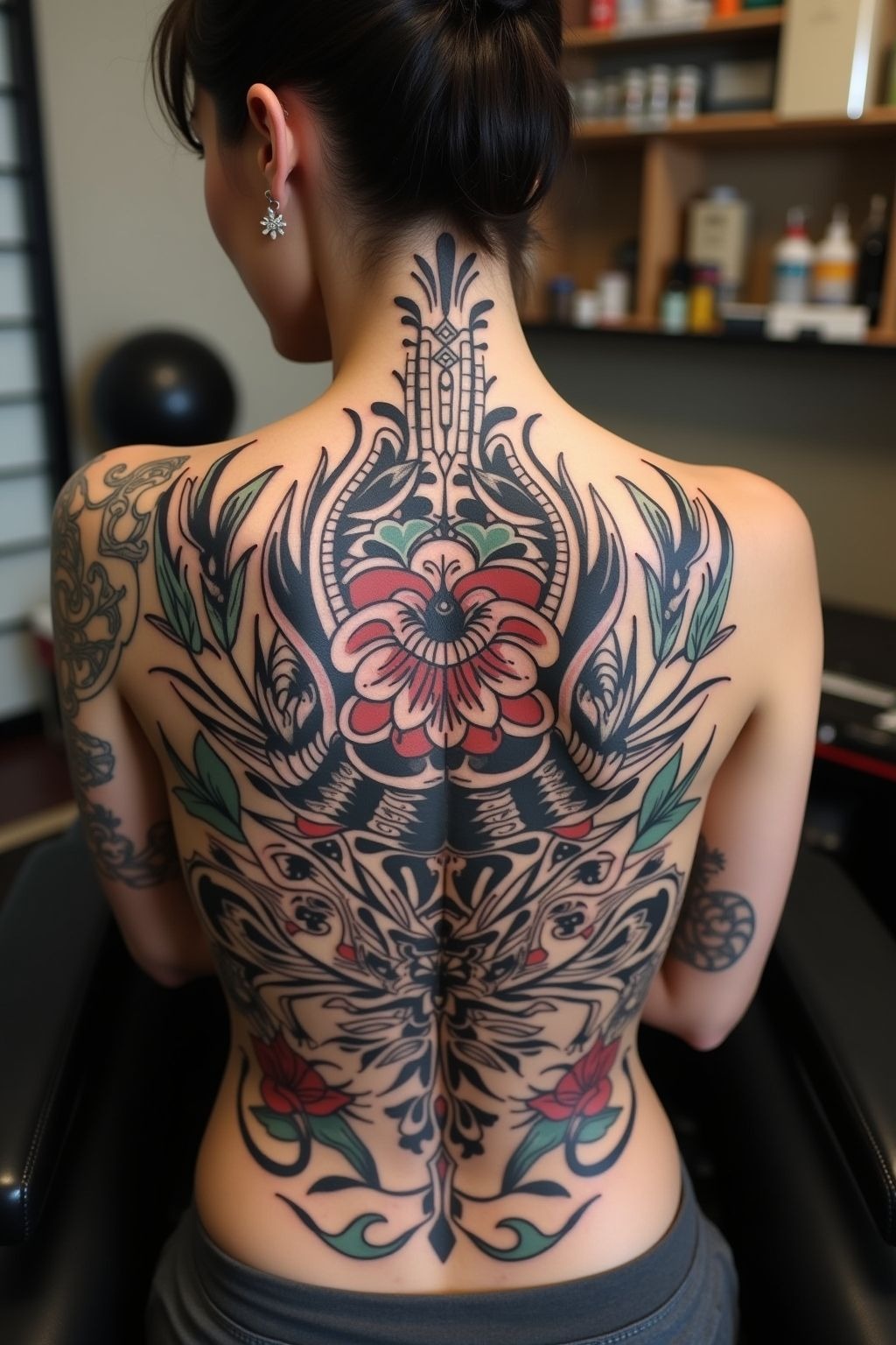 Ornamental Spine-Focused Back Piece Tattoo Design