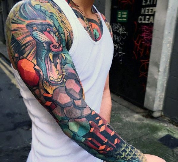A dynamic blend of primal energy and geometric precision, this sleeve features a roaring baboon against a backdrop of geometric shapes and patterns.