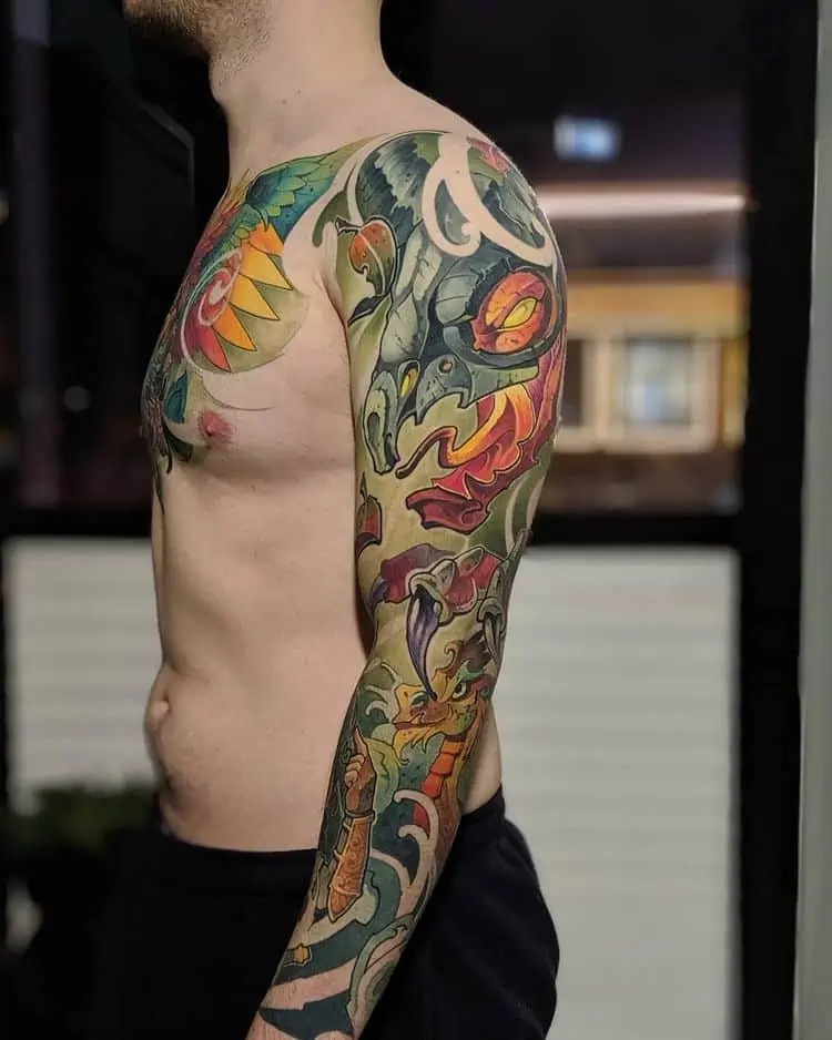 This dynamic tattoo sleeve showcases a mix of mythical creatures and abstract elements.