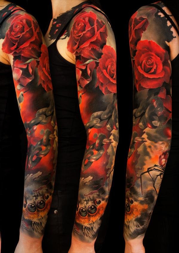 A captivating design that speaks of love, strength, and entrapment, this sleeve features bold red roses entwined with chains.