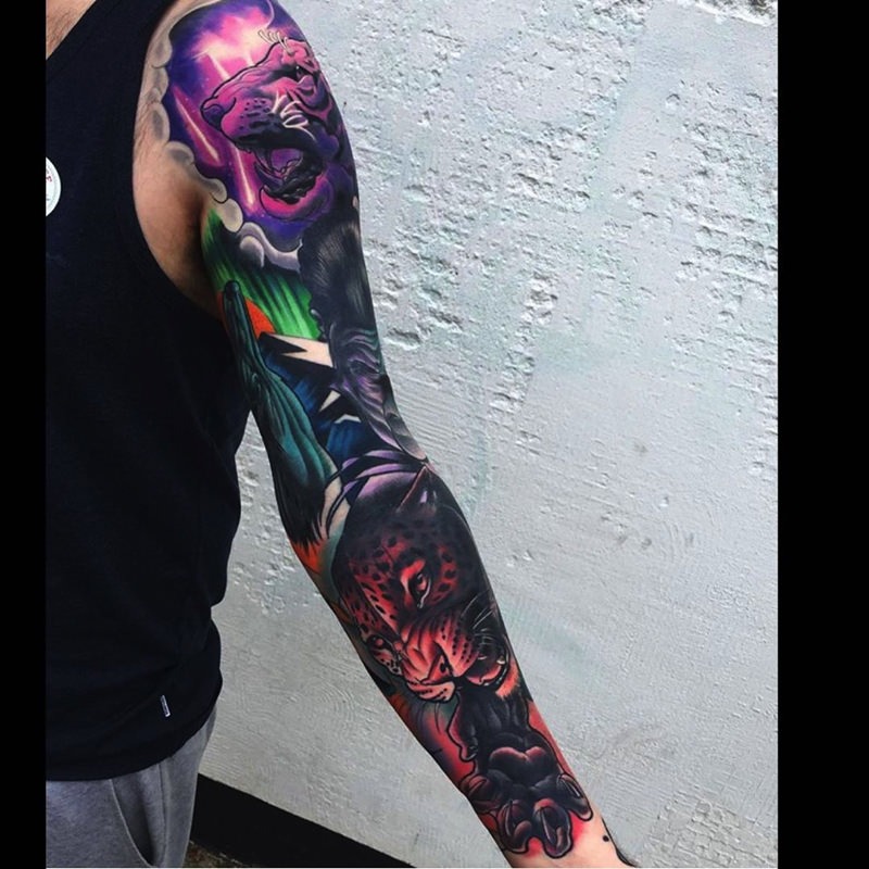 A bold, intense design, this sleeve features a powerful panther prowling through a dark storm.