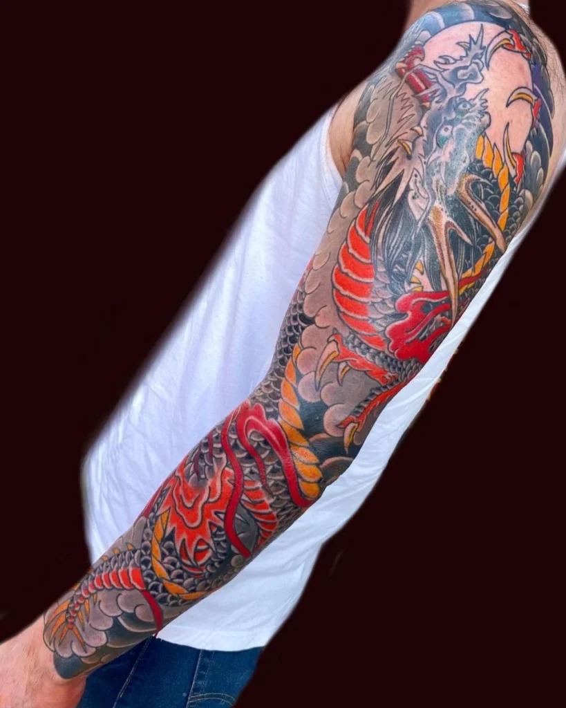 A classic representation of strength and ferocity, this sleeve features a powerful dragon, its scales rendered in meticulous detail.