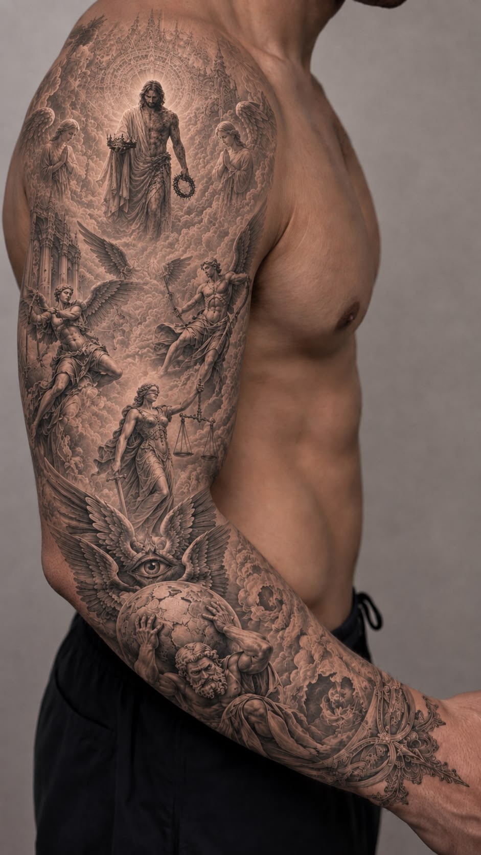 Angelic Mythology Realism Sleeve Tattoo Design