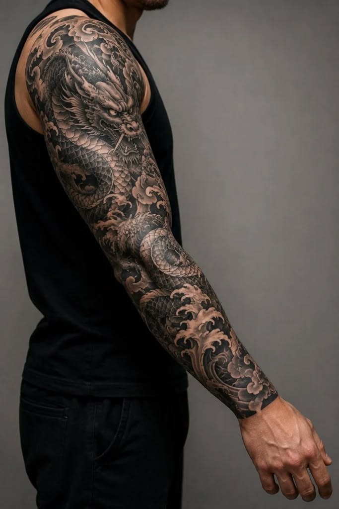 Black and Gray Dragon With Ocean Waves Tattoo Design