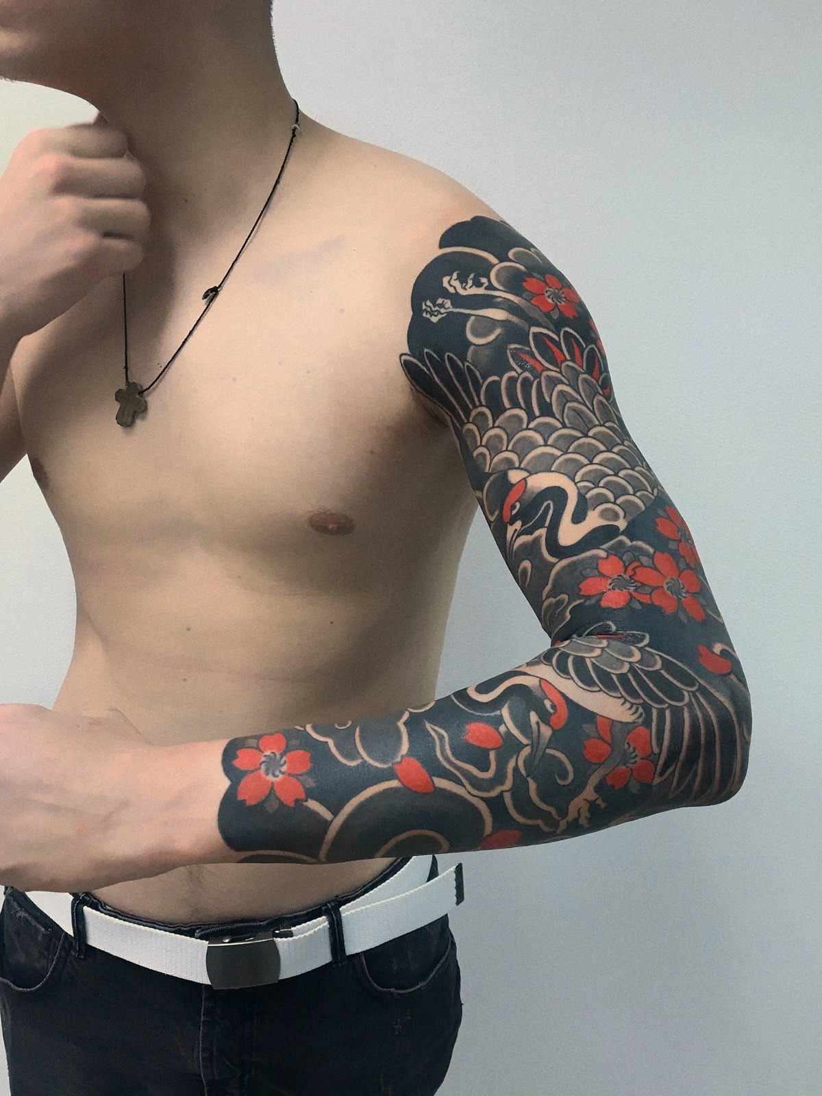 Black and Red Japanese Crane Sleeve Tattoo Design