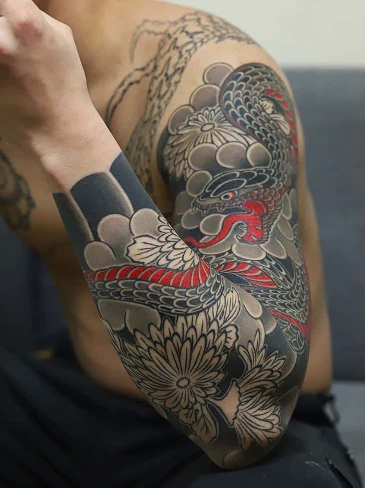 Black, Gray, and Red Snake Floral Sleeve Tattoo Design