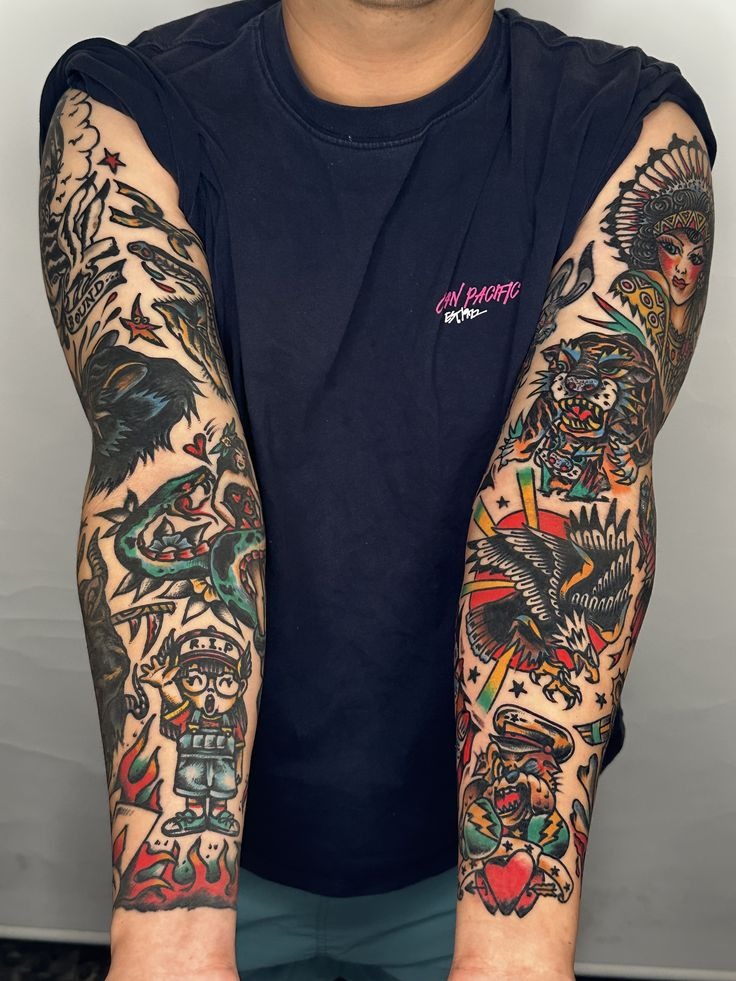 Bold American Traditional Patchwork Sleeve Tattoo Design