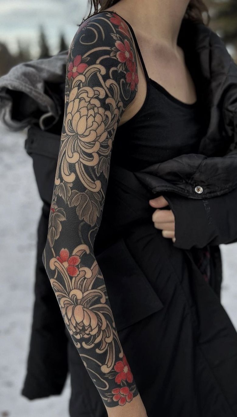 Chrysanthemum and Red Blossom Blackwork Sleeve Tattoo Design