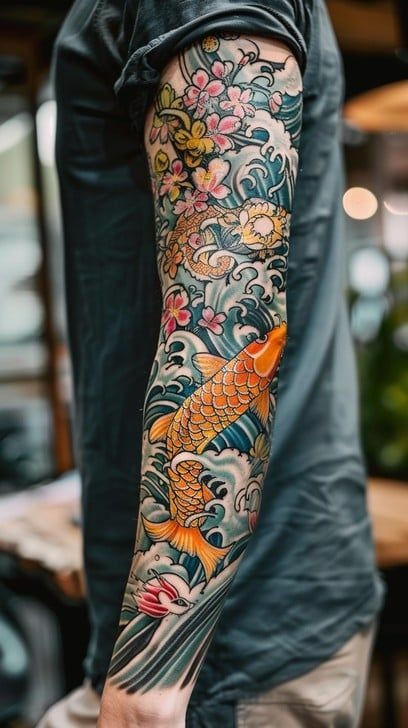 Colorful Koi, Flowers, and Waves Sleeve Tattoo Design