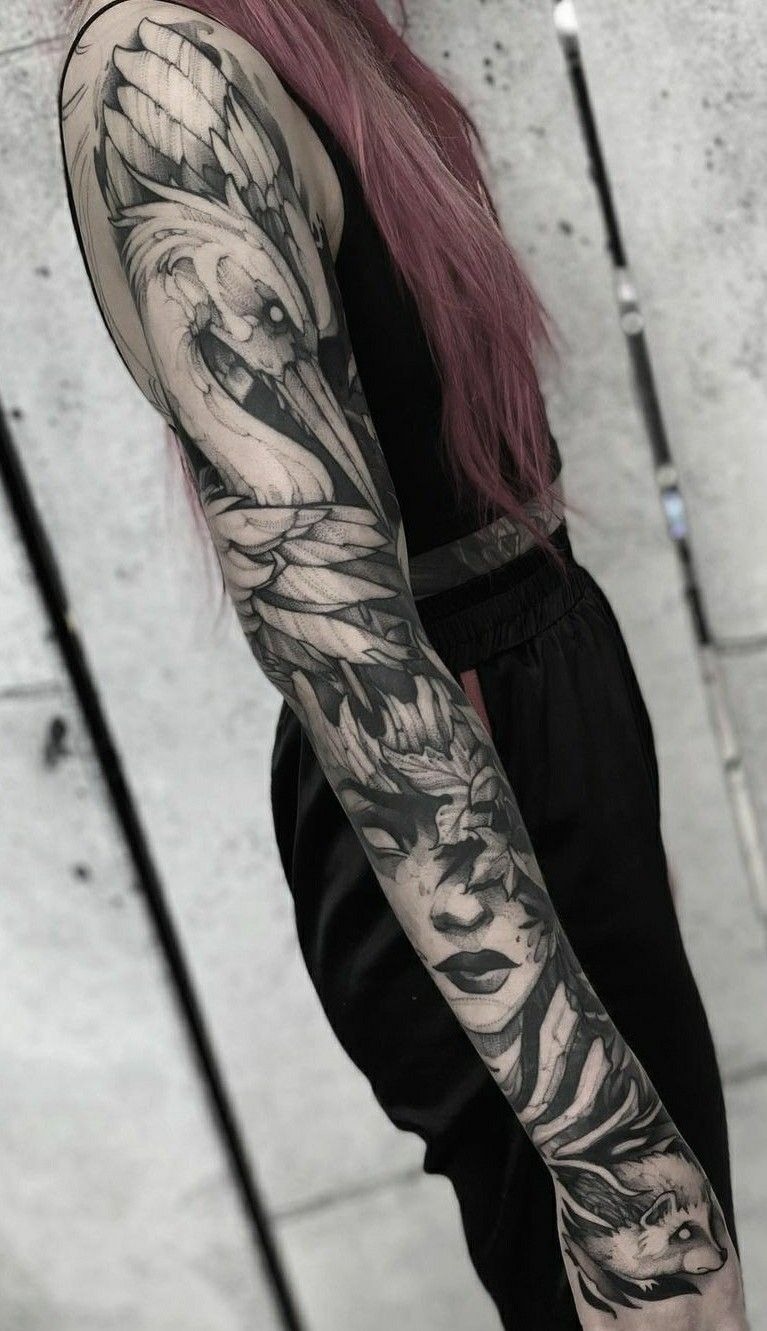 Dark Fantasy Raven and Woman Sleeve Tattoo Design