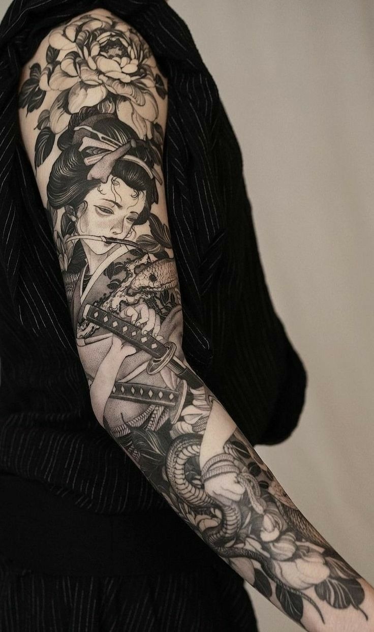 Geisha, Sword, and Snake Sleeve Tattoo Design