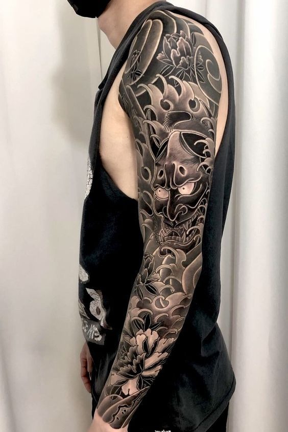 Hannya Mask and Peony Sleeve Tattoo Design