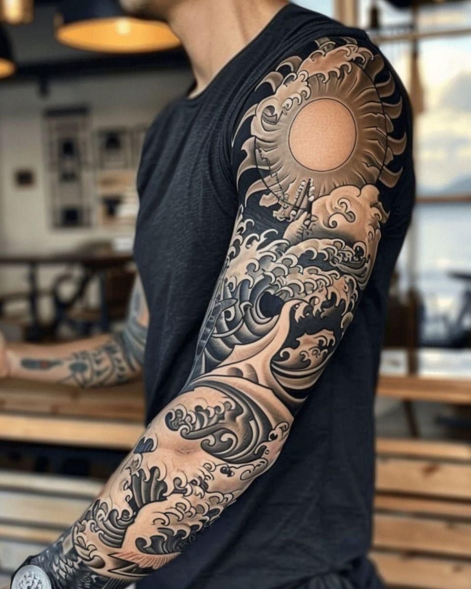 Japanese Black and Gray Ocean Wave Sleeve Tattoo Design