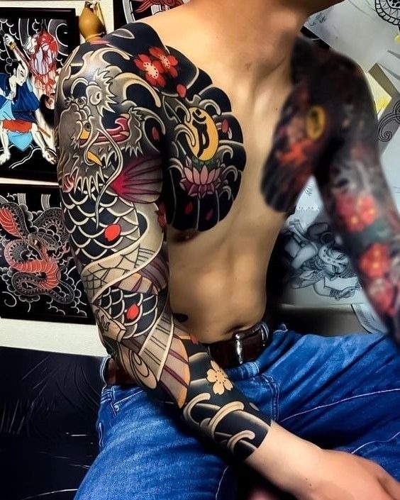 Japanese Dragon With Black Background Sleeve Tattoo Design