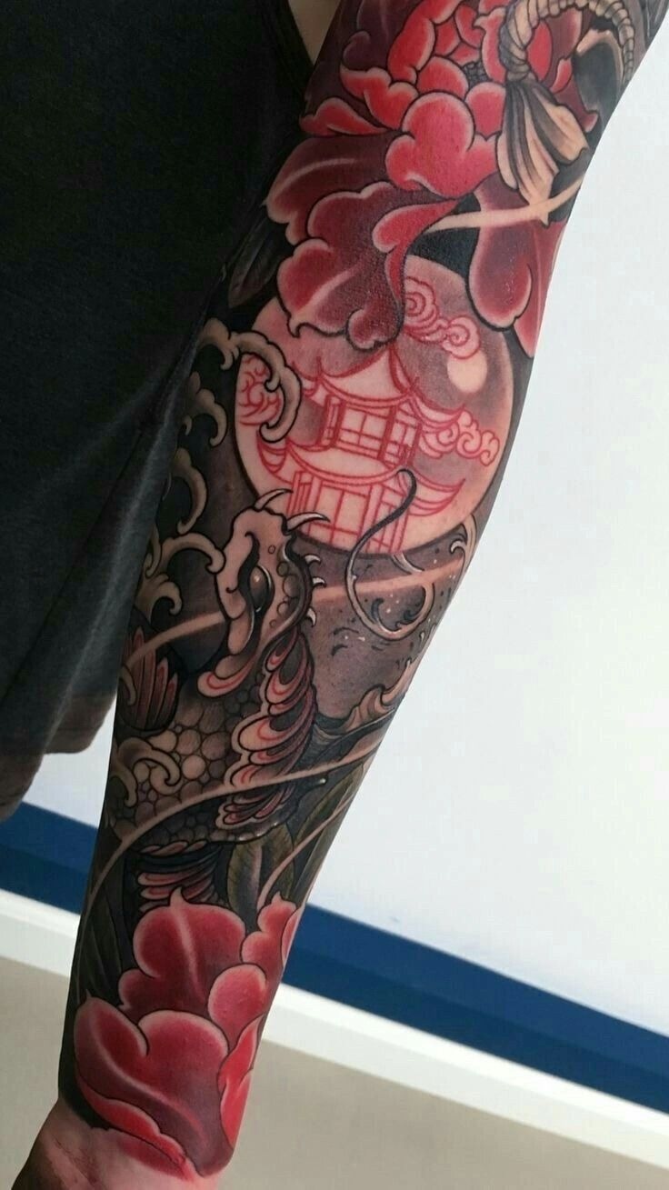 Japanese Koi and Peony Sleeve Tattoo Design