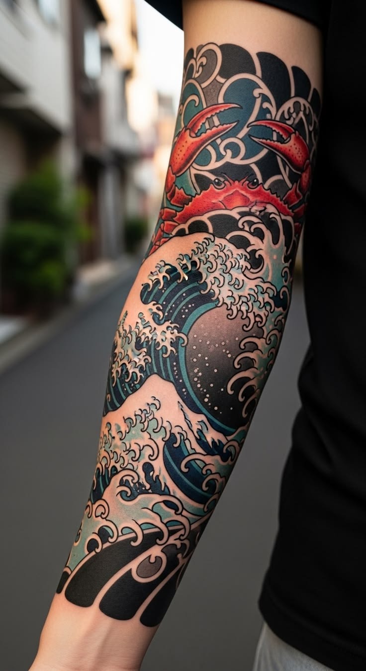 Japanese Ocean Wave and Crab Sleeve Tattoo Design