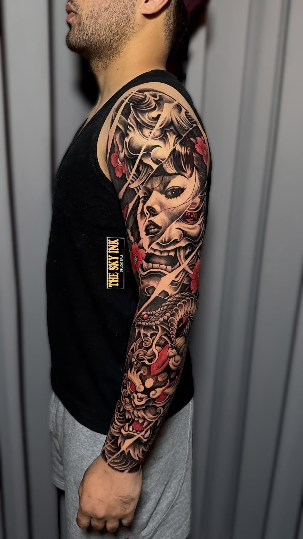 Japanese Woman, Mask, and Snake Sleeve Tattoo Design