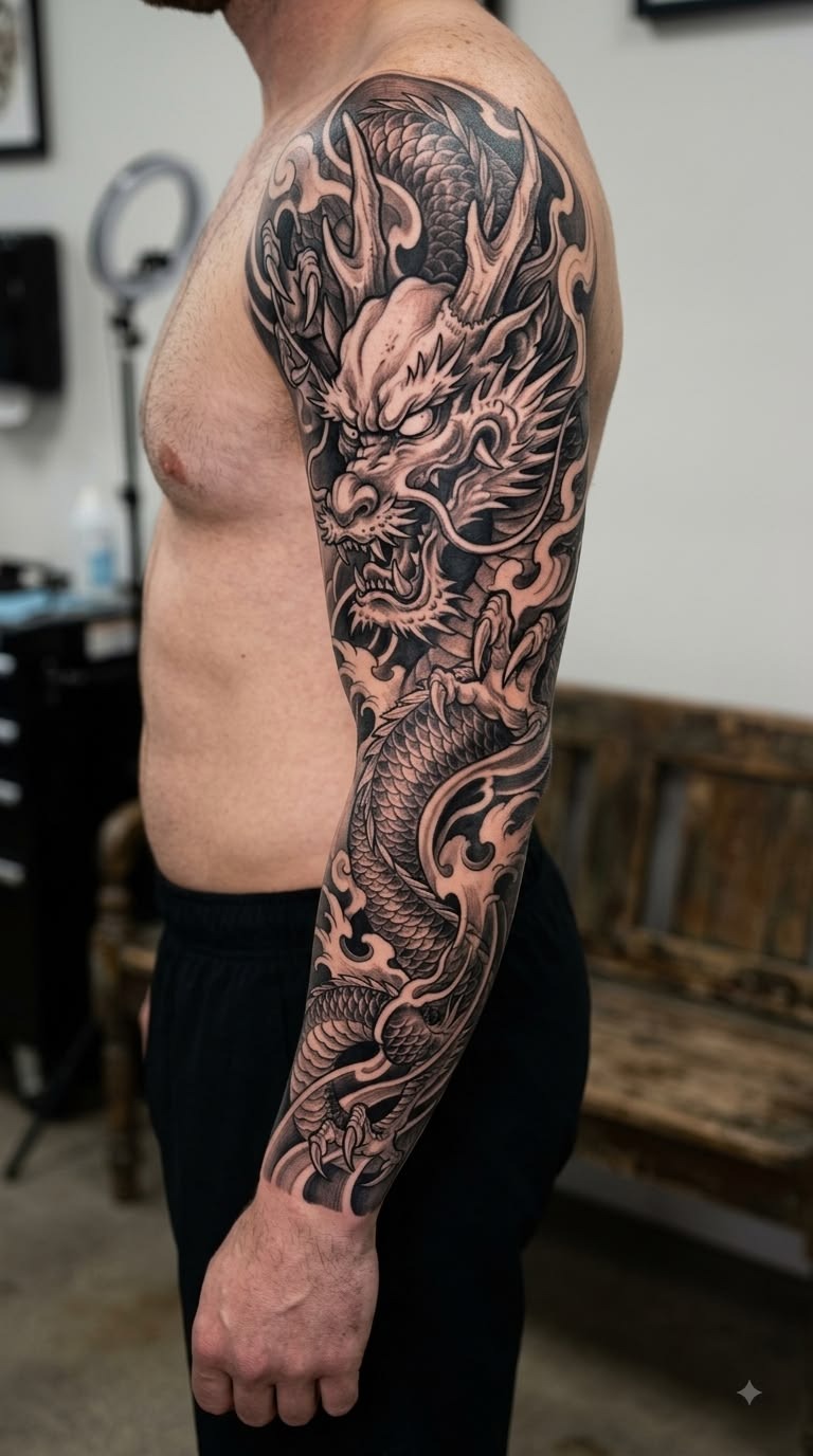 Powerful Black and Gray Dragon Sleeve Tattoo Design