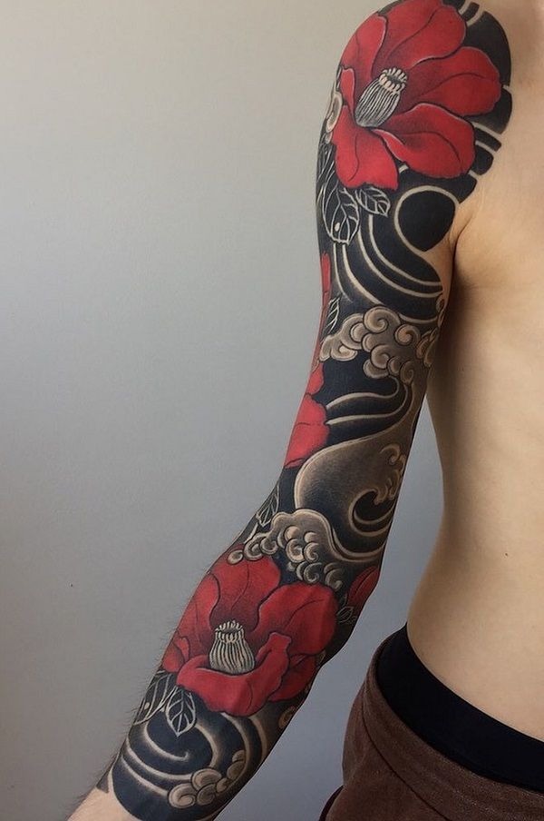 Red Poppy and Black Wave Sleeve Tattoo Design