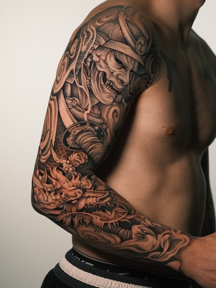Samurai and Dragon Blackwork Sleeve Tattoo Design