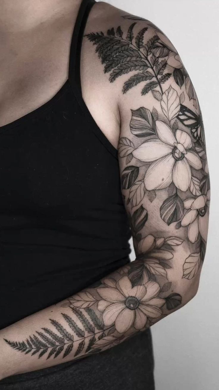 Soft Botanical Flower Sleeve Tattoo Design