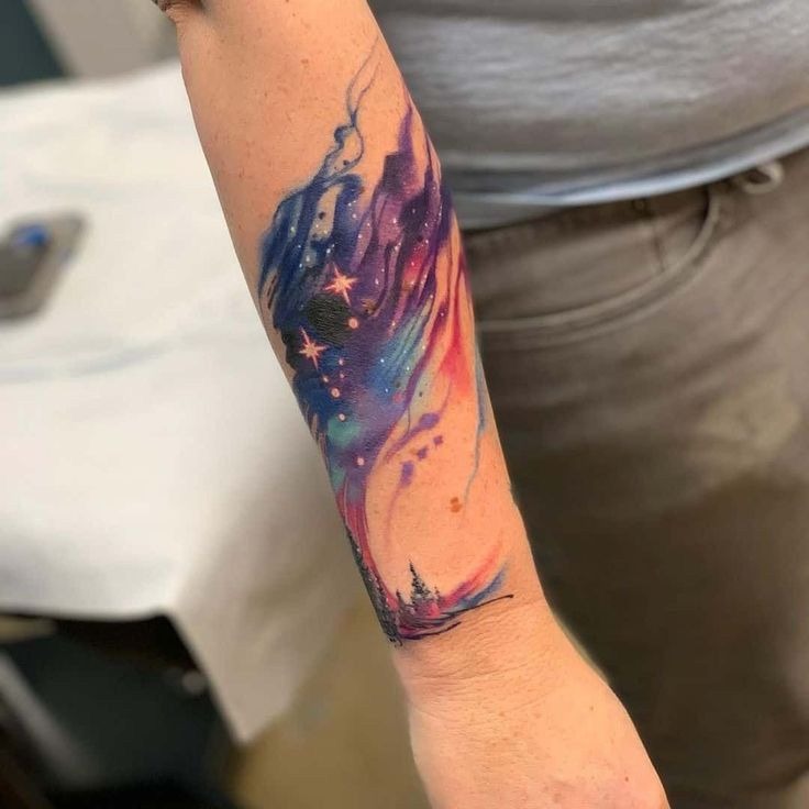 Abstract Cosmic Brushstroke Tattoo, a tattoo design rendered in bold for the leg.