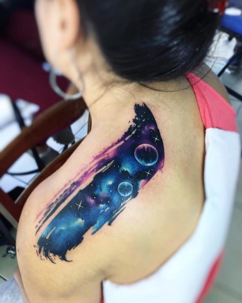 Brushstroke Shoulder Galaxy Tattoo, a tattoo design rendered in clean detailed linework.