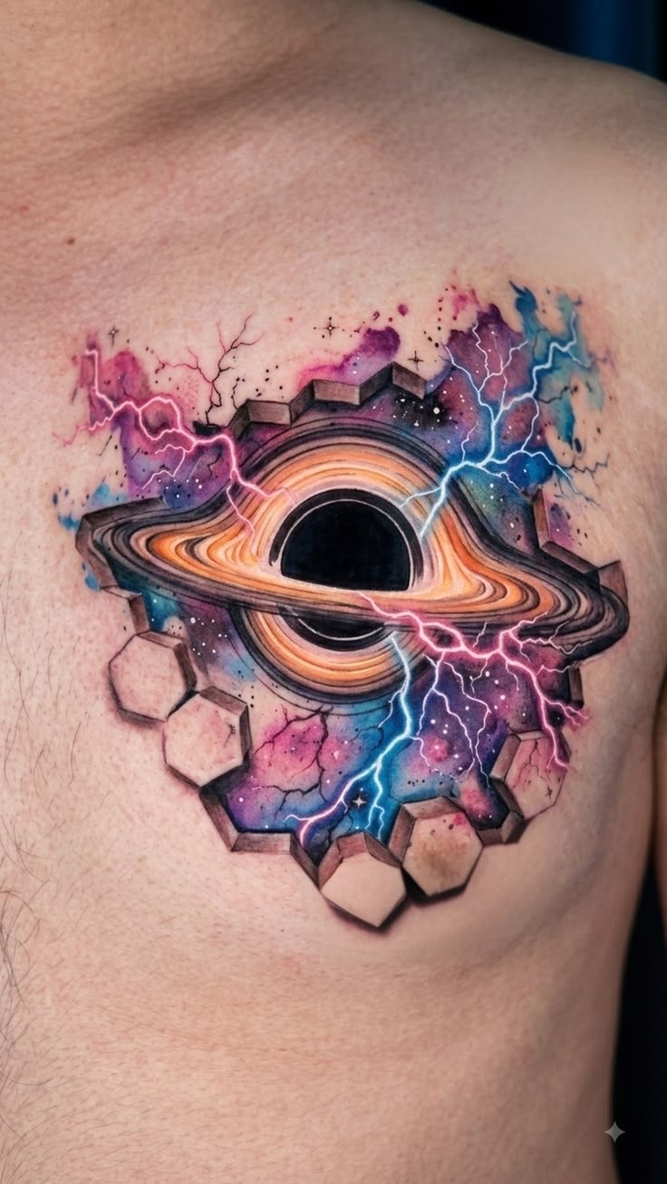 Cosmic Ringed Planet Burst, a tattoo design rendered in clean detailed linework for the back.