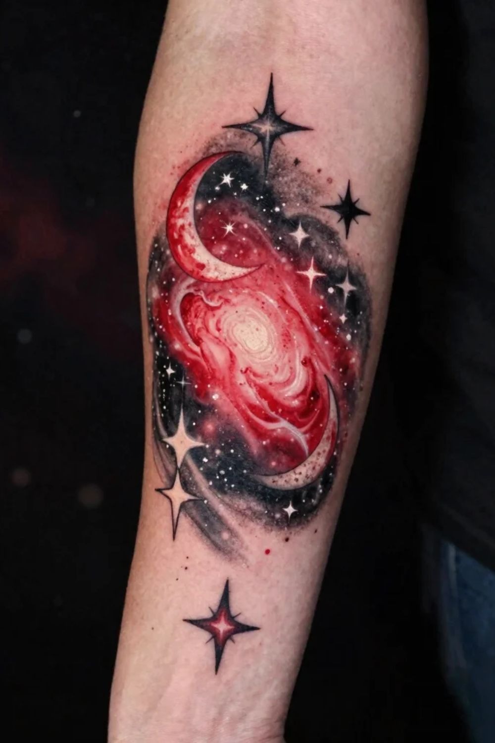 Crimson Galaxy and Crescent Moons, a tattoo design rendered in clean detailed linework for the arm.