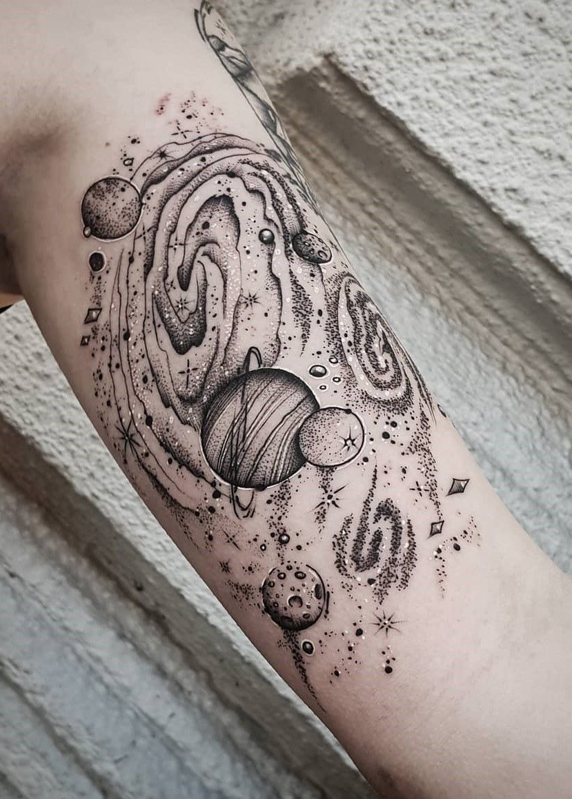 Fine Line Cosmic Swirl Tattoo, a tattoo design rendered in sketch-style for the leg.