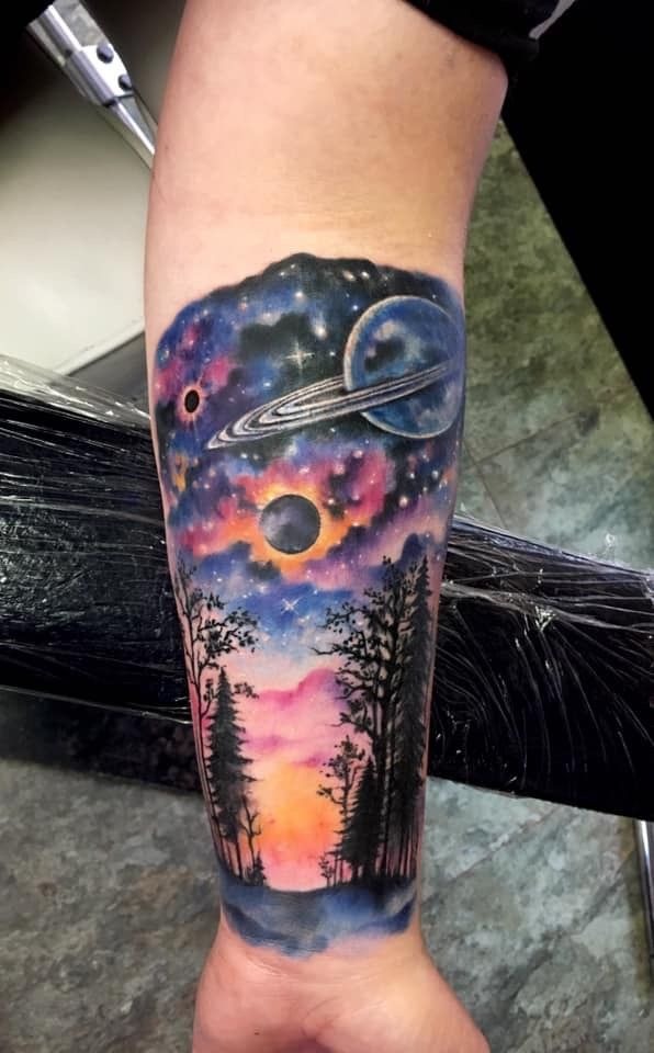 Planet Horizon Over a Cosmic Forest, a tattoo design rendered in clean detailed linework.