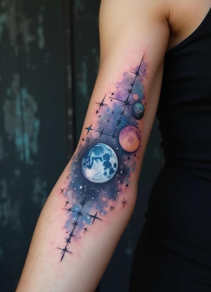 Planet Lineup with Constellation Stars, a tattoo design rendered in realistic portrait-style for the leg.