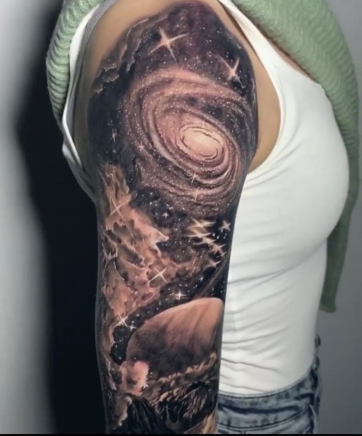 Smoky Galaxy Shoulder Sleeve, a tattoo design rendered in clean detailed linework for the upper arm.