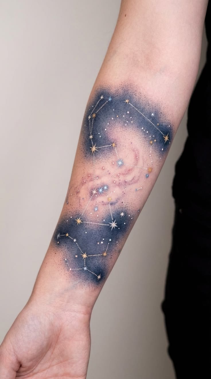 Soft Constellation Mist Tattoo, a tattoo design rendered in delicate fine-line for the back.